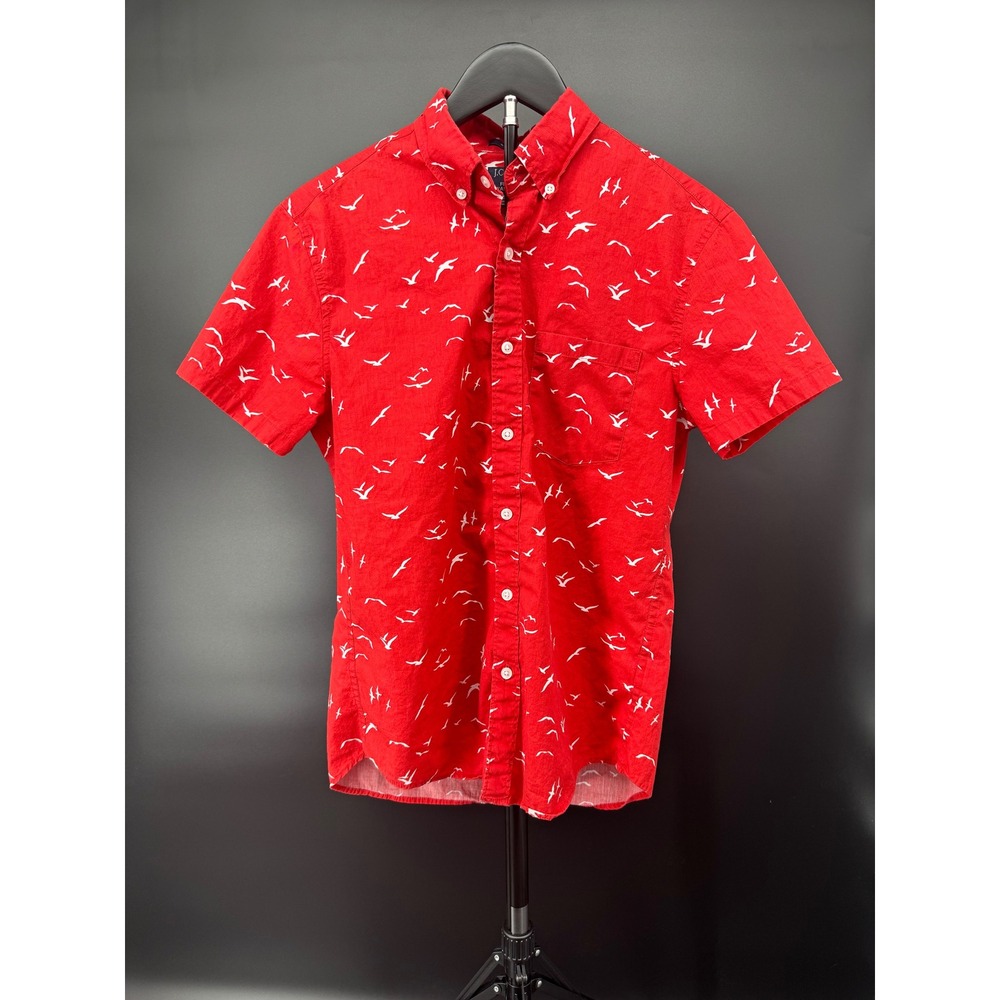 J.Crew Mens Red Seagull Print Flex Washed Slim Fit Short Sleeve Shirt Small